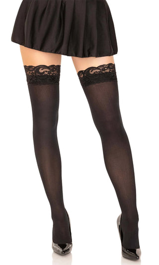 Pleasurable Moments<br><span> Black Opaque Lace Top Thigh High Stockings Tights Hosiery</span>