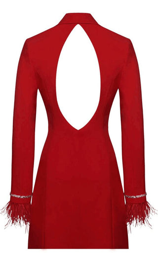 At First Glance <br><span>Red Long Sleeve Double Breasted Crystal Button Fringe Trim Cut Out Back Blazer Mini Dress</span>