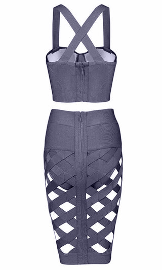 Wild Child Black Two Piece Bandage Crop Bustier Halter Top Cut Out Lattice Cage Skirt Mini Dress