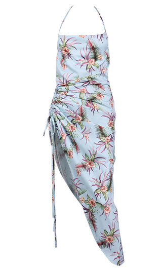 Blooming Lover <bR><span>Blue Leaf Floral Pattern Sleeveless Spaghetti Strap Halter Ruched Side Asymmetric Maxi Dress</span>