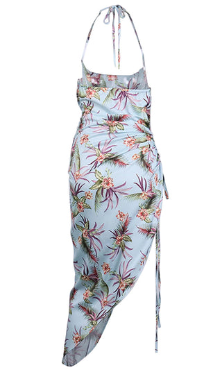 Blooming Lover <bR><span>Blue Leaf Floral Pattern Sleeveless Spaghetti Strap Halter Ruched Side Asymmetric Maxi Dress</span>