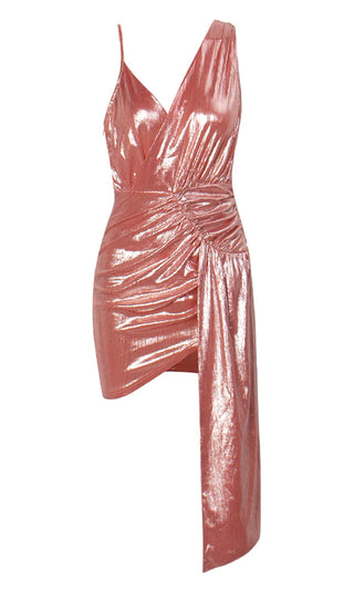 Under The Moonlight Pink Metallic Sleeveless Cross Wrap V Neck Drape Sash Bodycon Mini Dress