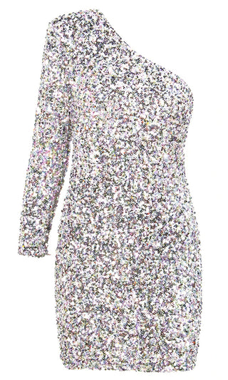 Spark A Movement Silver Party Sequin One Shoulder Long Sleeve Bodycon Mini Dress