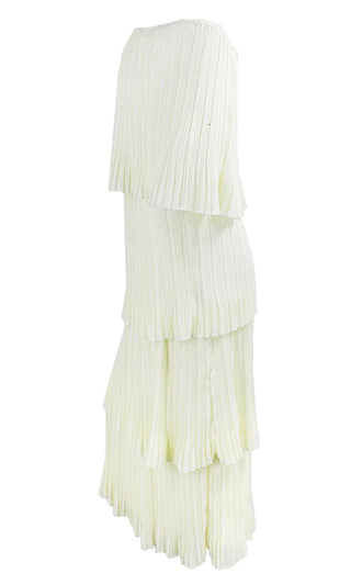 Tiers Of Joy Ivory Pleated Short Sleeve Off The Shoulder Tier Layer Midi Dress