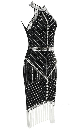 Undeniable Attraction Contrasting Black White Sleeveless Geometric Pearl Halter Embellished White Tassel Fringe Midi Bodycon Dress