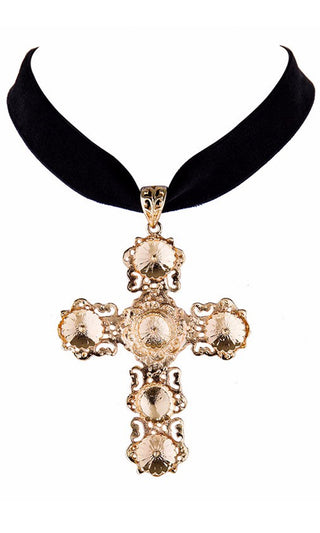Keeping The Faith Black Gold Velvet Choker Cross Pendant Necklace