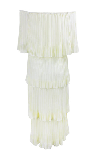 Tiers Of Joy Ivory Pleated Short Sleeve Off The Shoulder Tier Layer Midi Dress