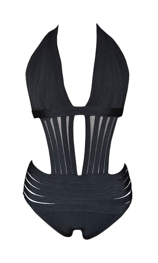 Loving The Sun <br><span> Black Sleeveless Sheer Mesh Stripe Plunge V Neck Backless Cut Out Monokini Swimsuit </span>