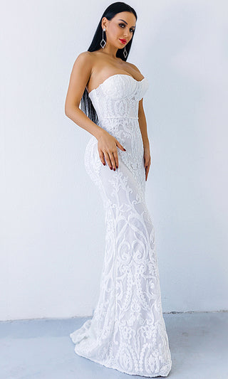 Dedicated To Love White Sequin Lace Strapless Bustier Fit And Flare Maxi Dress