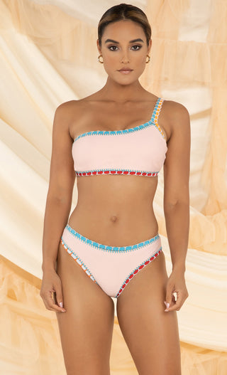 Hawaiian Spirit <br><span>White Sleeveless One Shoulder Crochet Elastic Two Piece Bikini Swimsuit</span>
