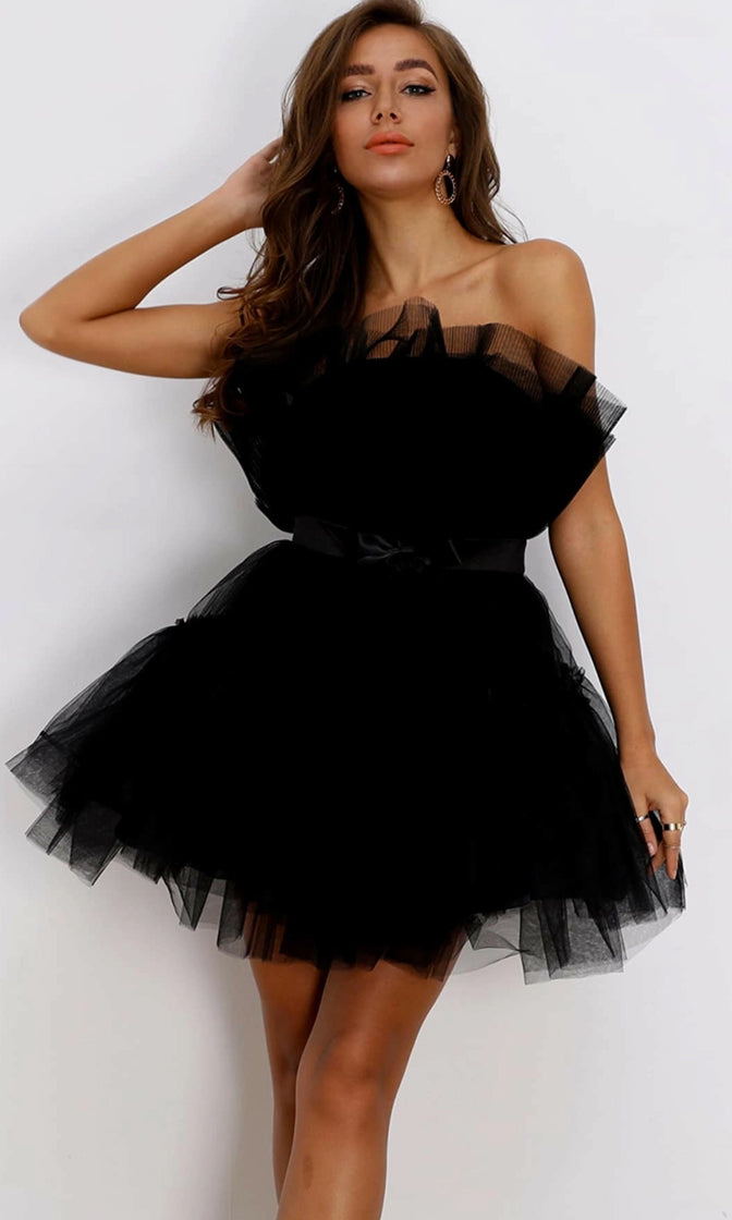 Birthday GirlPuffy Black Strapless Satin Bow Elastic Belt Crinkled Micro  Pleated Ruffle Tulle Poofy Skater Flare Mini Dress