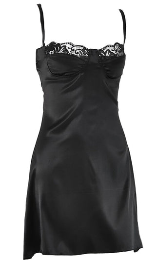 Bedside Manner <br><span>Black Satin Lace Trim Sleeveless Spaghetti Strap Cut Out Back Mini Slip Dress</span>