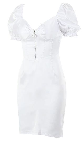 Ray Of Sunshine White Satin Short Puff Sleeves Sweetheart Neck Zip Front Bustier Bodycon Mini Dress