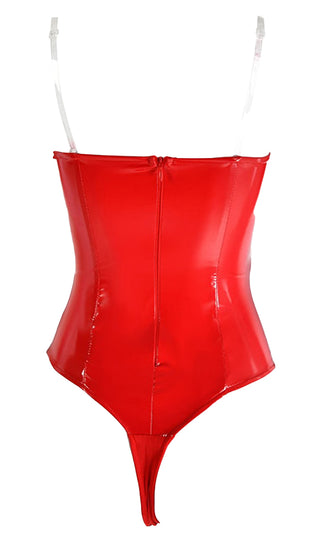 Candy Shell <br><span>Red PU Patent Vinyl Faux Leather Strapless V Neck Cut Out Thong Bustier Bodysuit Top