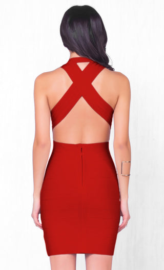 She's A Catch Sleeveless Red Plunging Deep V Neck Cross Back Body Con Bandage Fitted Mini Dress