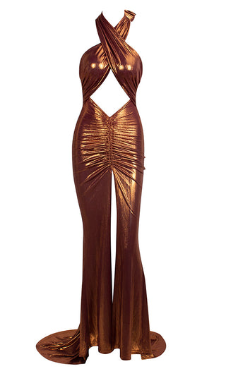 Hold Back The Night Orange Bronze Metallic Lame Sleeveless Wrap Backless Keyhole Halter Criss Cross Cut Out Ruched Slit Maxi Dress