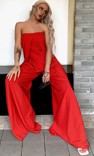Somewhere Else Red Strapless Draped Loose Wide Leg Jumpsuit