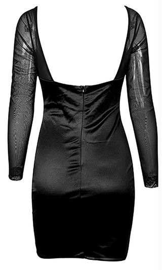Hard To Believe Black Satin Mesh Long Sleeve Cut Out Metal Padded Bra Cup Bodycon Mini Dress