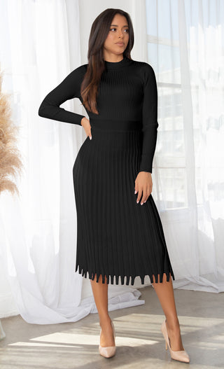 All You Want Rust Brown Pleated Crew Ribbed Round Neck Modest Long Sleeve Stretch Knit Body Con Sweater Midi Dress