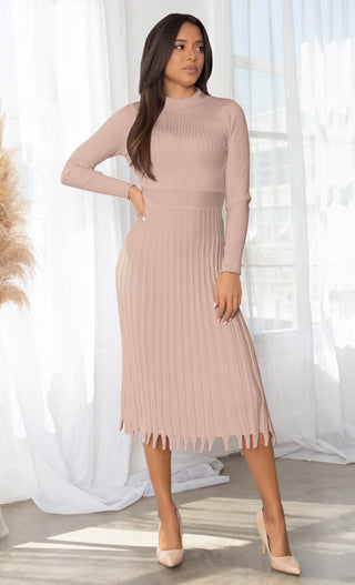 All You Want Light Pink Pleated Crew Ribbed Round Neck Modest Long Sleeve Stretch Knit Body Con Sweater Midi Dress