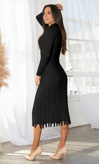 All You Want Green Pleated Crew Ribbed Round Neck Modest Long Sleeve Stretch Knit Body Con Sweater Midi Dress