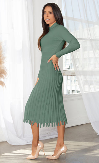 All You Want Black Pleated Crew Ribbed Round Neck Modest Long Sleeve Stretch Knit Body Con Sweater Midi Dress
