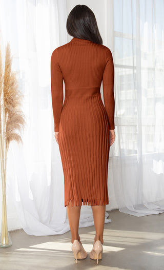 All You Want Rust Brown Pleated Crew Ribbed Round Neck Modest Long Sleeve Stretch Knit Body Con Sweater Midi Dress