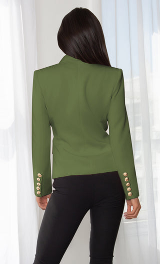 Ready To Work Olive Green Long Sleeve Peaked Lapels Double Breasted Gold Button Blazer Jacket Outerwear
