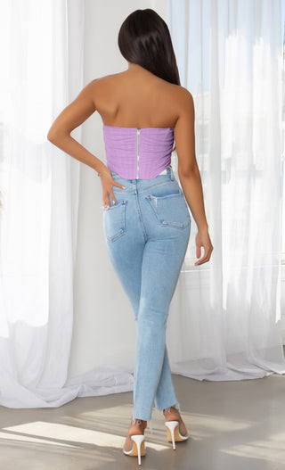 Pour The Wine Pink Sheer Mesh Draped Strapless Pointy Bustier Corset Crop Top