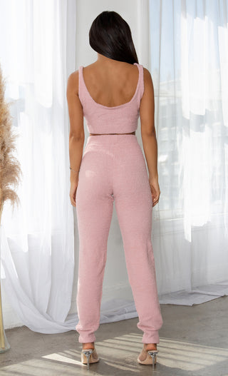 Warm And Fuzzy Pink Sweater Knit Lounge Sleeveless V Neck Crop Top High Waist Skinny Leg Pant Two Piece Jumpsuit Set