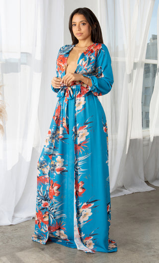 Welcome to Miami Blue Blue Red Pink Green Beige White Floral Long Sleeve Plunge V Neck High Slit Maxi Dress