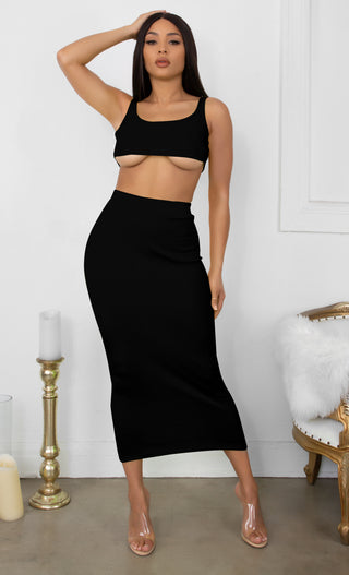 Playing With Fire Light Brown Under Boob Sleeveless Scoop Neck Crop Top Two Piece Bodycon Casual Maxi Dress