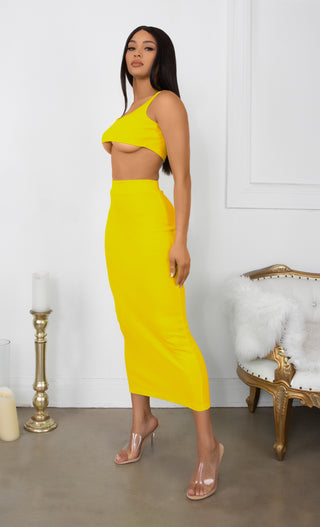 Playing With Fire Yellow Under Boob Sleeveless Scoop Neck Crop Top Two Piece Bodycon Casual Maxi Dress