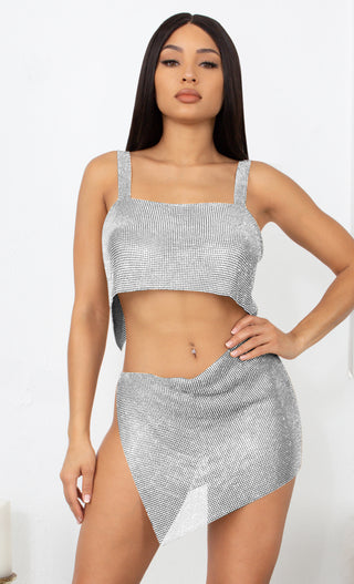 Check Your Temperature Silver Rhinestone Diamanté Metal Mesh Crystal Sleeveless Backless Crop Top Side Tie Mini Two Piece Dress