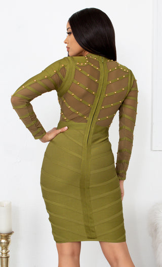Shameless Flirt Light Olive Green Gold Studded Long Sleeve Sheer Mesh Stripe Crew Neck Bandage Midi Dress