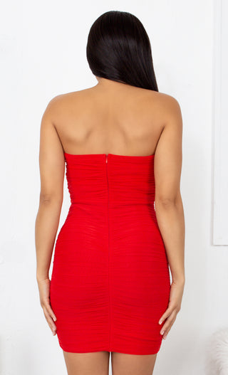 Never Giving You Up Red Bandage Strapless Mesh Draped Pointy Neck Ruched Body Con Mini Dress