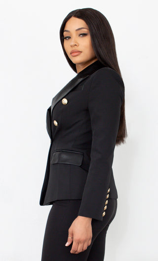 Keeping Focus Faux Leather Lapel Accent Black Gold Button Long Sleeve Blazer Jacket Outerwear