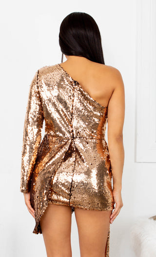 Going Glitzy <br><span>Gold Sequin Long Sleeve One Shoulder Drape Sash Asymmetric Bodycon Ultra Mini Dress </span>