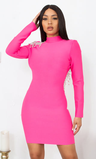 Fatal Attraction Hot Fuchsia Pink Bandage Long Sleeve Cut Out Open Back Rhinestone Fringe Bodycon Mini Dress