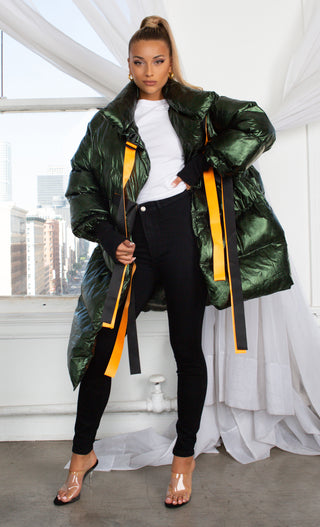 Armored Up  <span><br>Green Long Sleeve Down Quilted Oversized Ribbon Trim Asymmetric Puffy Winter Coat Outerwear</span>