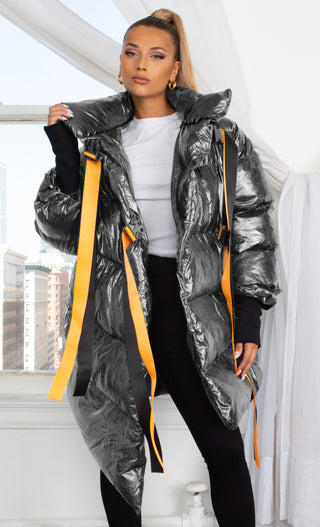 Armored Up <br><span> Silver Long Sleeve Down Quilted Oversized Ribbon Trim Asymmetric Puffy Winter Coat Outerwear</span>