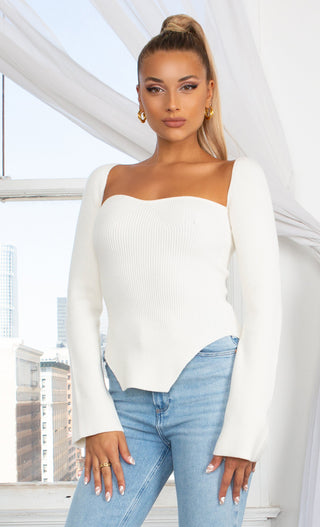 Parisian Soul Ivory Ribbed Long Sleeve Stretchy Bustier Sweetheart Neckline Asymmetrical Cut Out Hem Pullover Sweater Knit Top