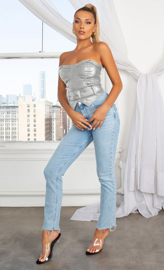 Dominate The Scene Silver PU Faux Leather Sweetheart Bustier Riveted Zipper Belted Crop Strapless Top