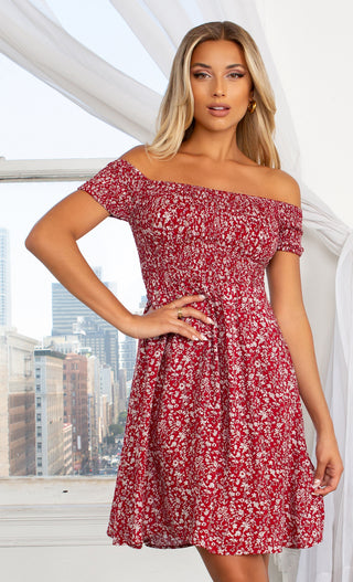 Better With You Red Floral Pattern Short Sleeve Off The Shoulder Skater Flare Casual Mini Dress