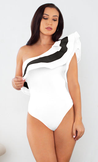 Beach Chic <br><span> White Black One Shoulder Stripe Pattern Mesh Ruffle One Piece Bodysuit Swimsuit Monokini </span>