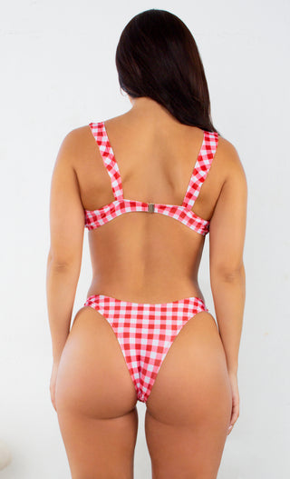 Malibu Barbie <br><span> Red Black Gingham Plaid Pattern Sleeveless Ruffle Tie Front Brazilian Two Piece Bikini Swimsuit</span>