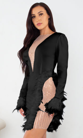 Always Beautiful White Sheer Mesh Sequin Feather Long Sleeve Plunge V Neck Cut Out Slit Bodycon Mini Dress