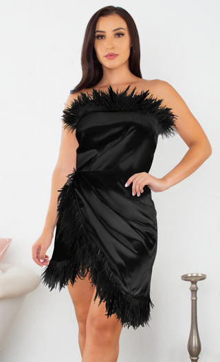 Casting Call Black Satin Feather Trim Strapless Cross Wrap Bodycon Mini Dress - 3 Colors Available