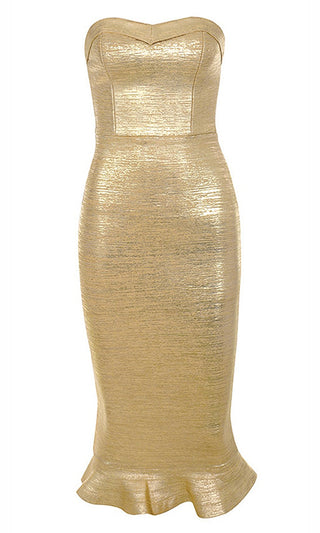 Pure Excitement Gold Metallic Strapless Square Neck Ruffle Hem Bodycon Bandage Midi Dress