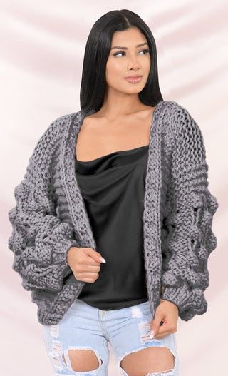 Desert Bound Cream Long Sleeve Bubble Chunky Crochet Oversize Cardigan Knit Pom Pom Sweater